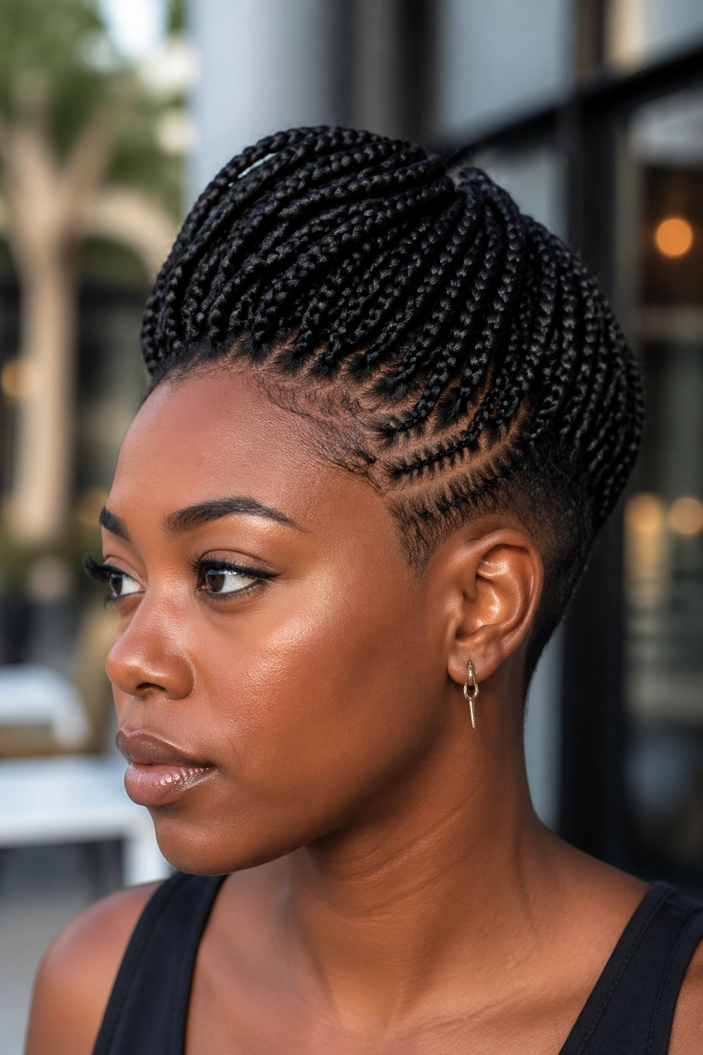 Portrait of a woman showing box braids with undercut illusion