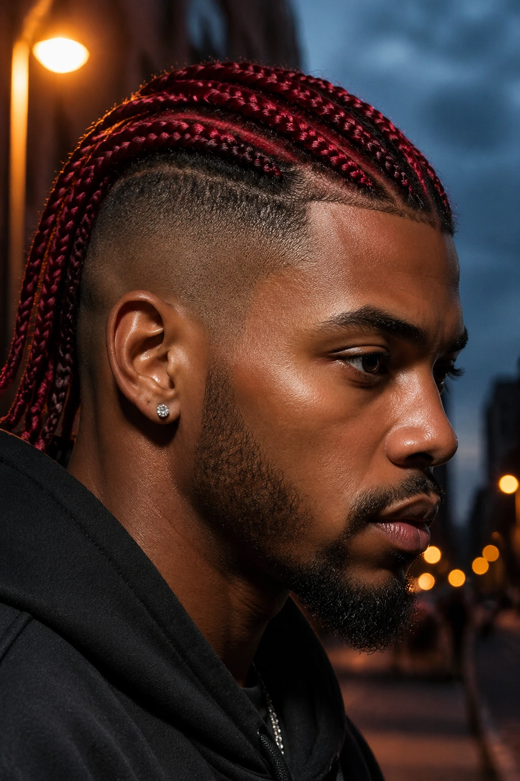 Close-up of a real man with red box braids and a clean undercut