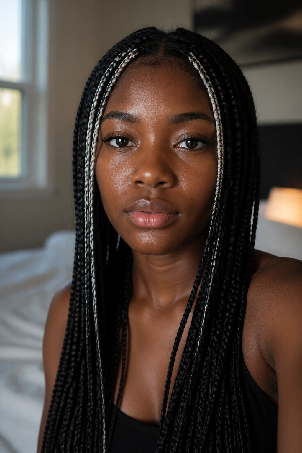 Close-up portrait of a real person with dark box braids featuring slim white pieces at the temples
