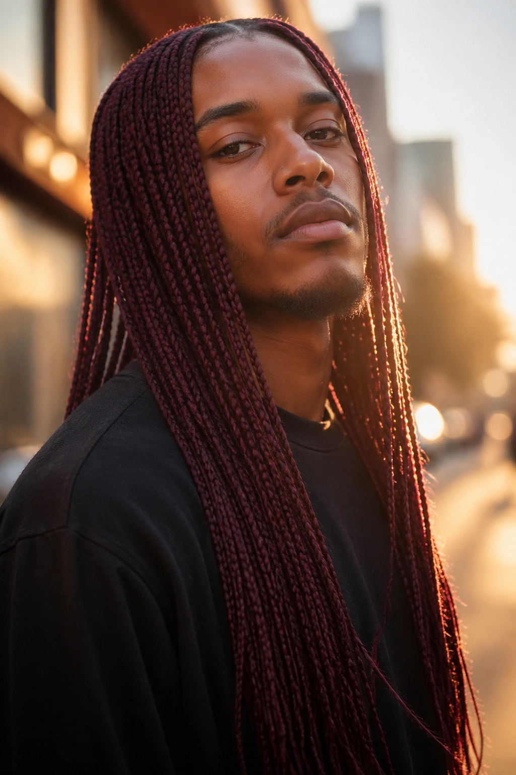 Close-up of a real man with waist-length wine red box braids in an urban sunset setting