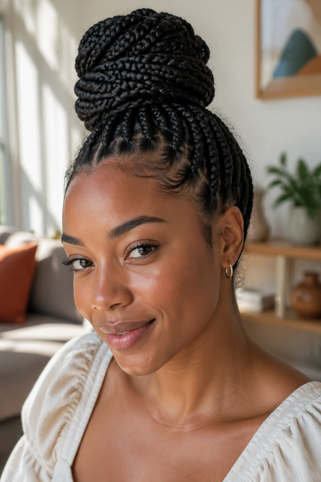 Close-up of a real woman with box braids wrapped into a bun