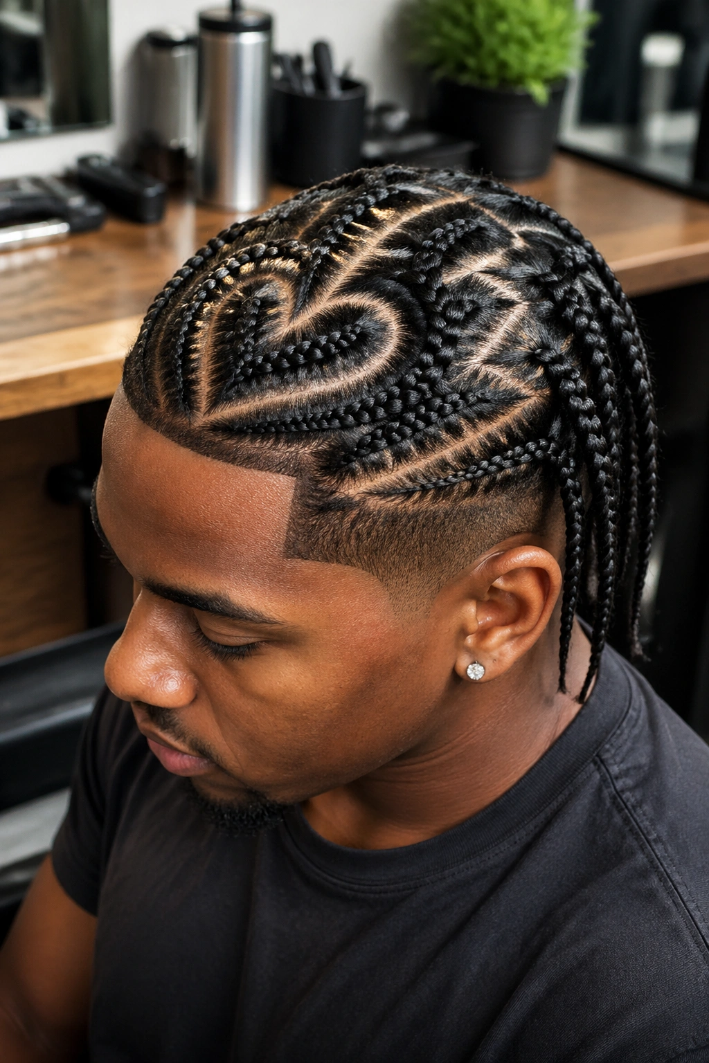 Man with heart and zigzag parting in box braids.