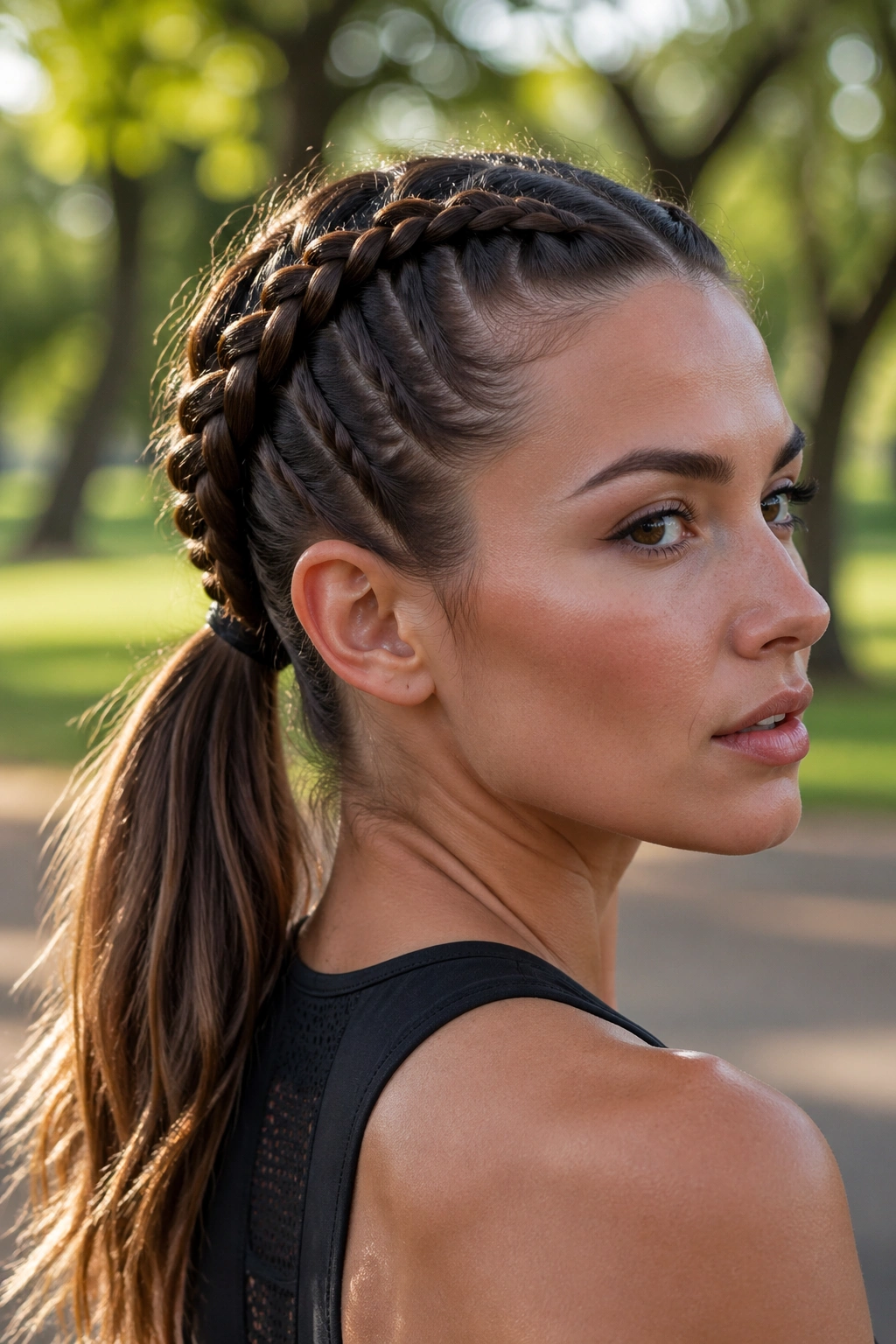Close-up of a real woman with boxer braids forming a ponytail outdoors.
