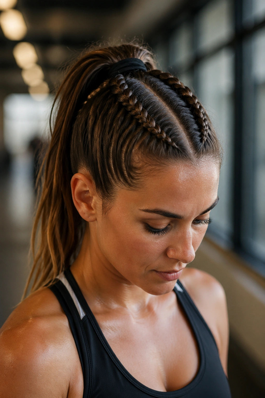 Close-up of a real woman with two boxer braids forming a ponytail at the crown