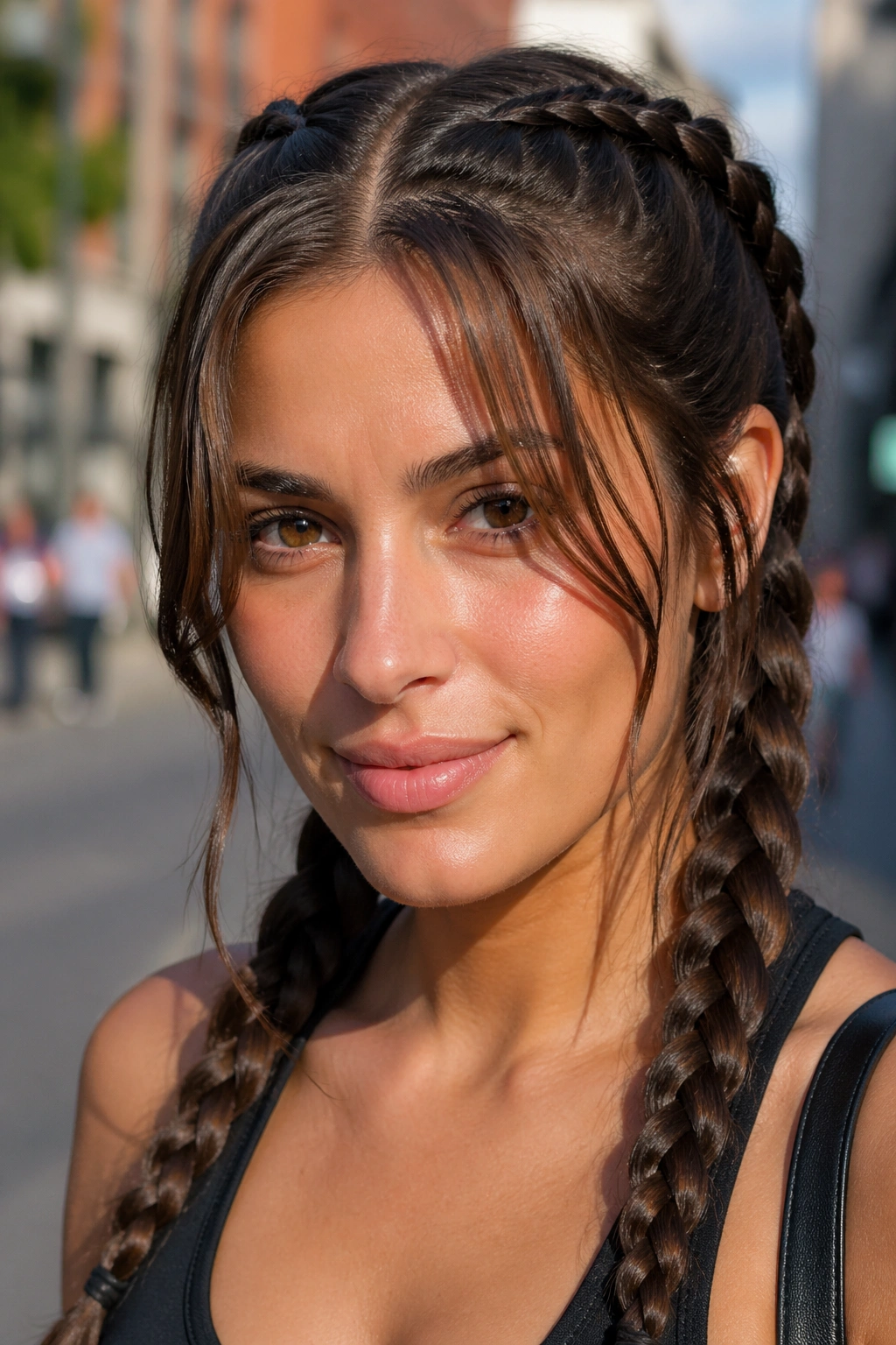 Real woman with boxer braids and loose curtain bangs outdoors