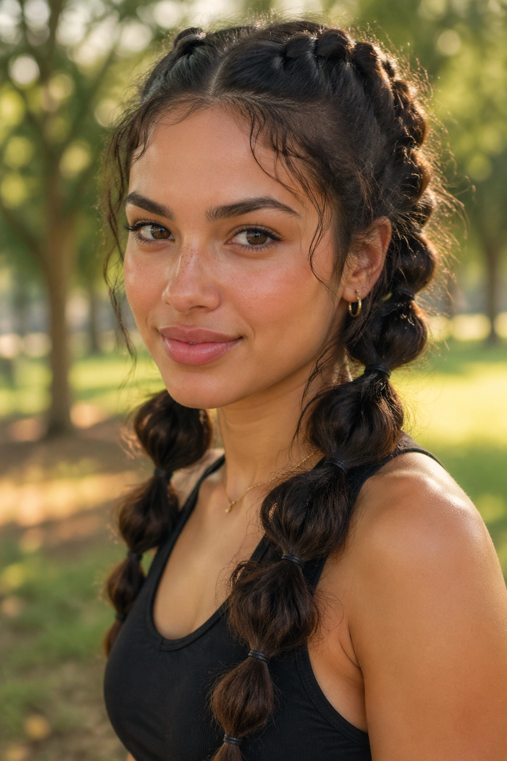 Portrait of a real person showing boxer bubble braids with soft looseness in a sunny park