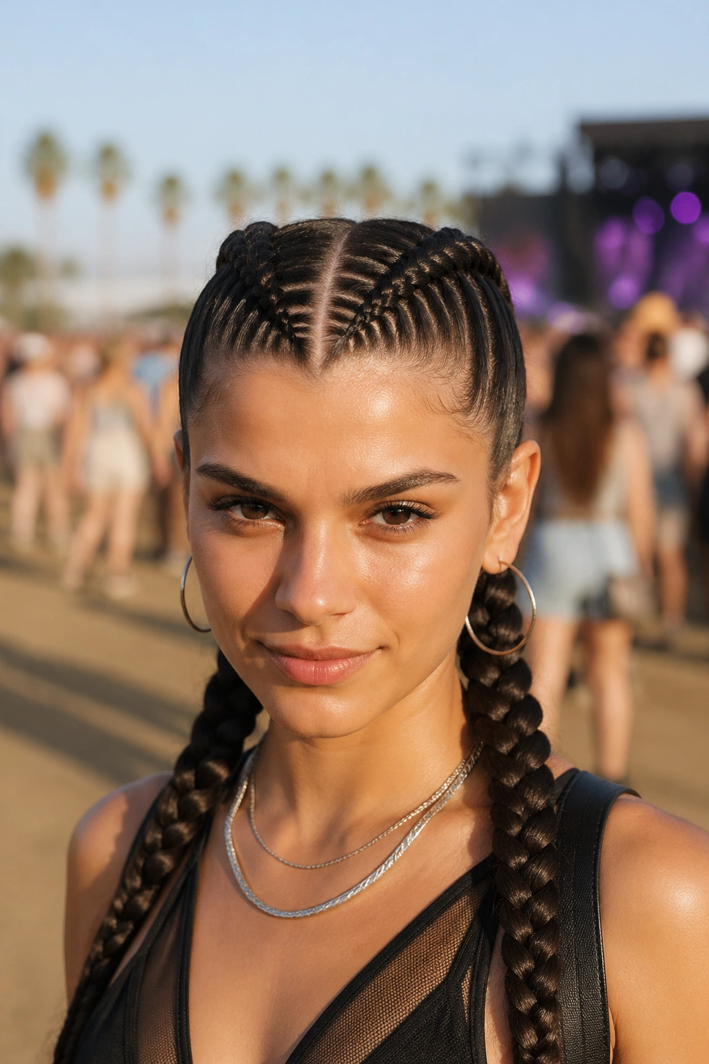Close-up of a real woman with two Dutch boxer braids and a sharp center part at a festival