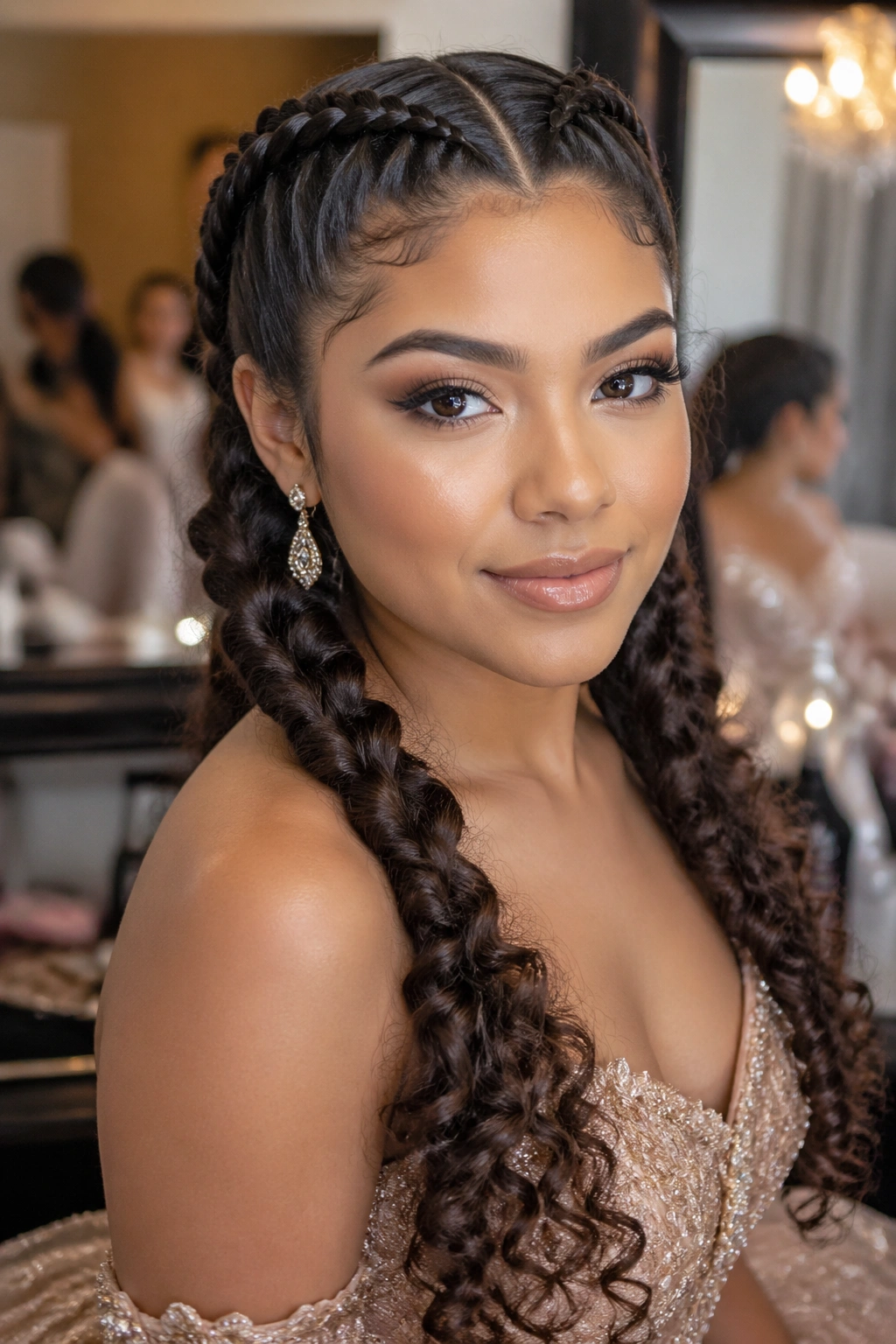 Close-up of boxer braids with curly ends on a real woman in warm backstage lighting