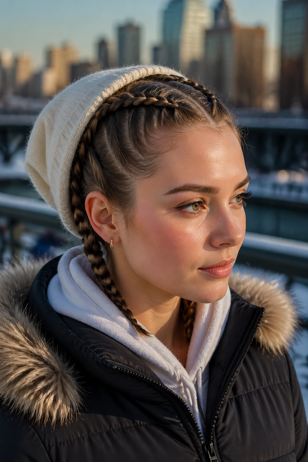 Close-up of boxer braids on a real person, two tight Dutch braids from hairline to nape.