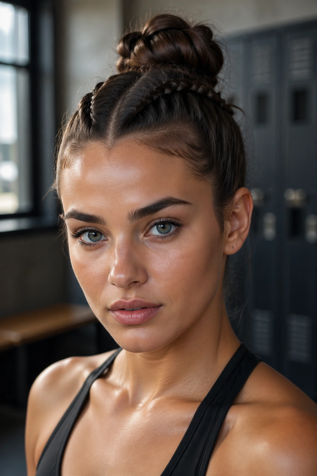 Close-up portrait of boxer braids forming a high bun on a real woman in a gym setting