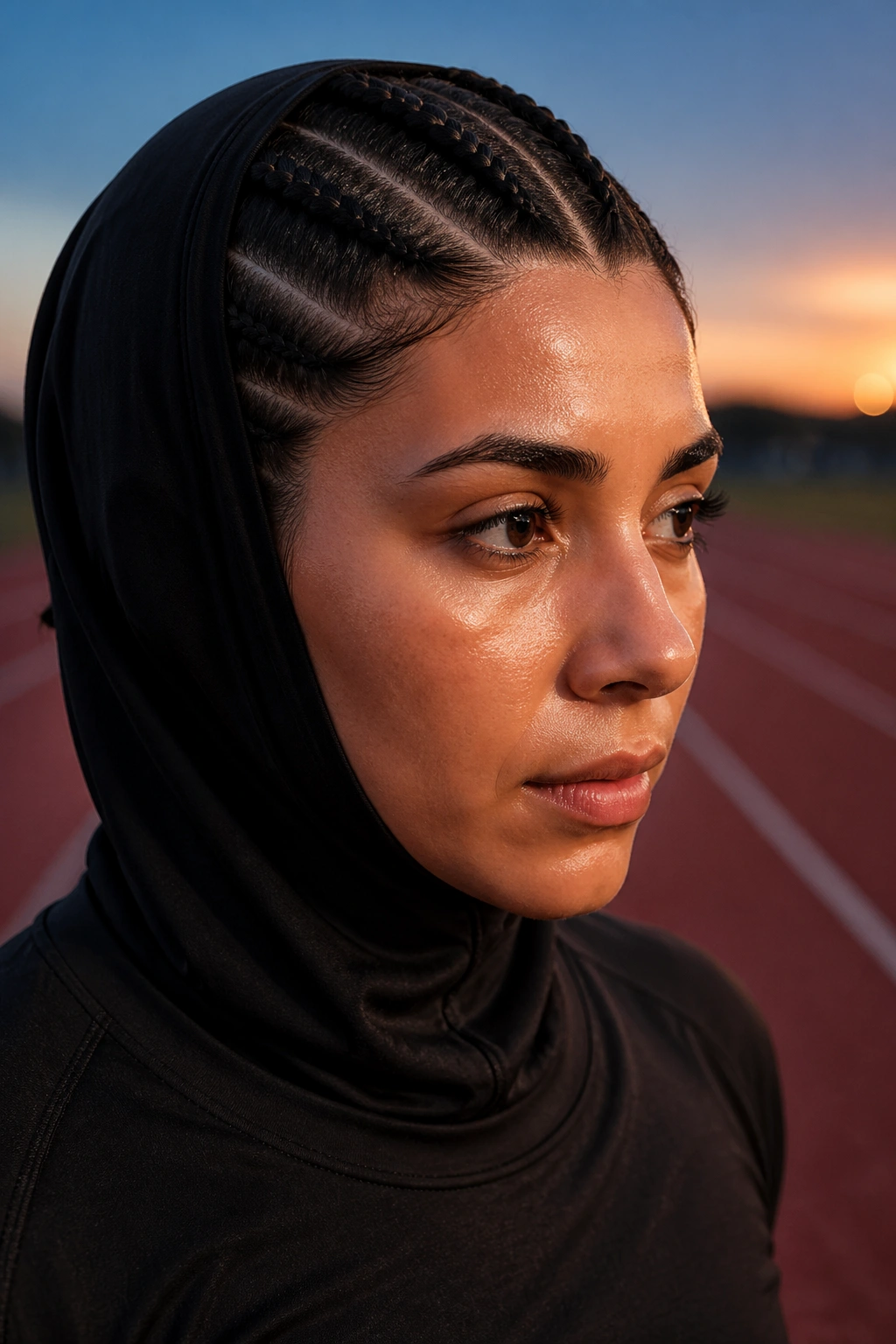 Close-up portrait of a real woman with boxer braids under a sports hijab
