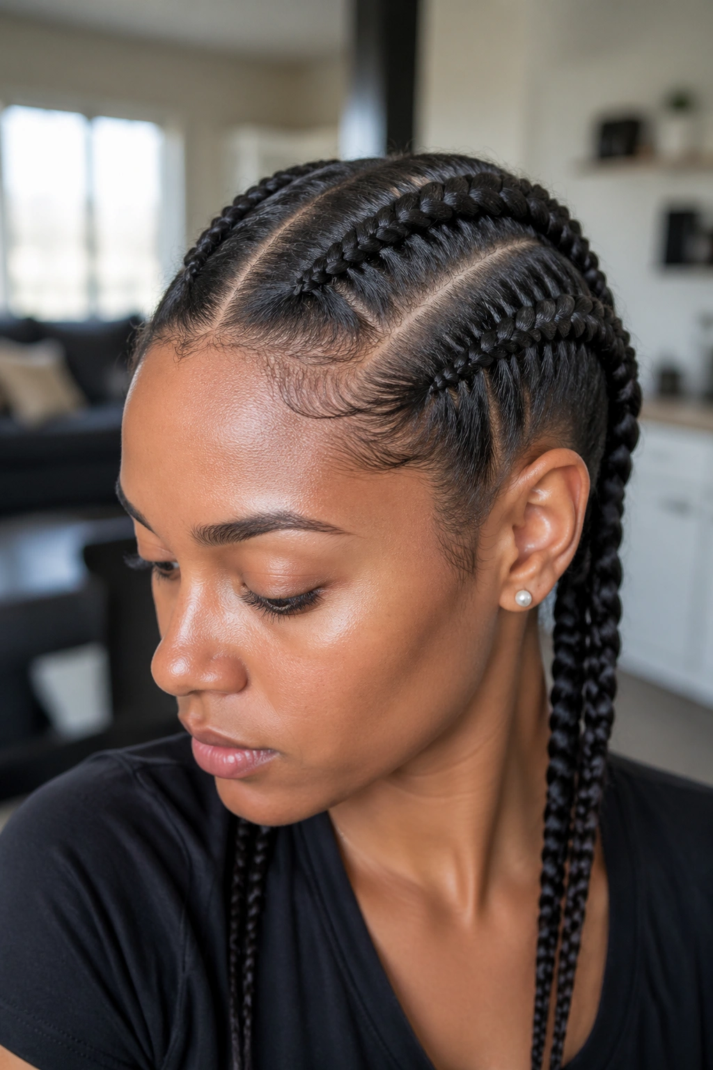 Close-up of a real person with two slim boxer braids near the scalp in a bright indoor setting