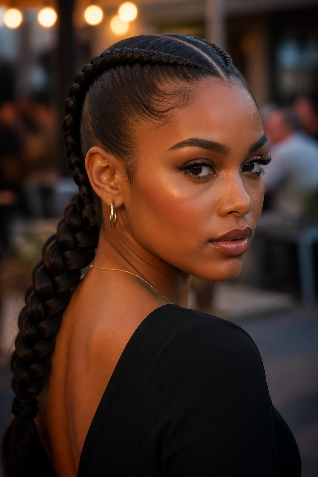 Portrait of a real woman with boxer braids merging into a single ponytail