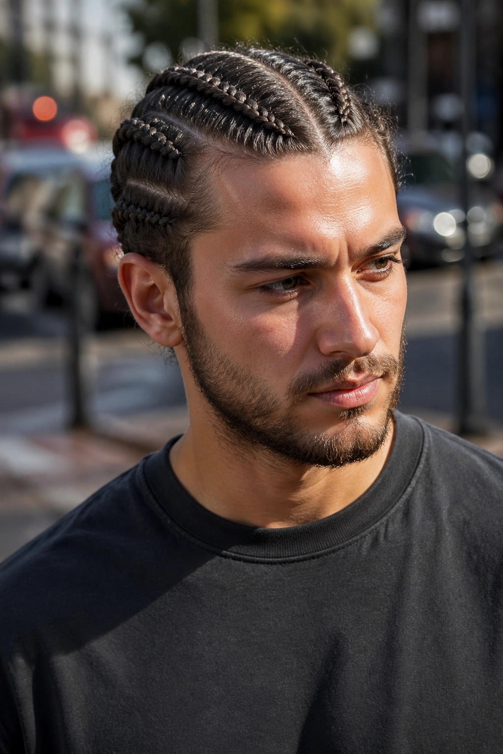 Close-up portrait of a man with two tight boxer braids along the scalp.