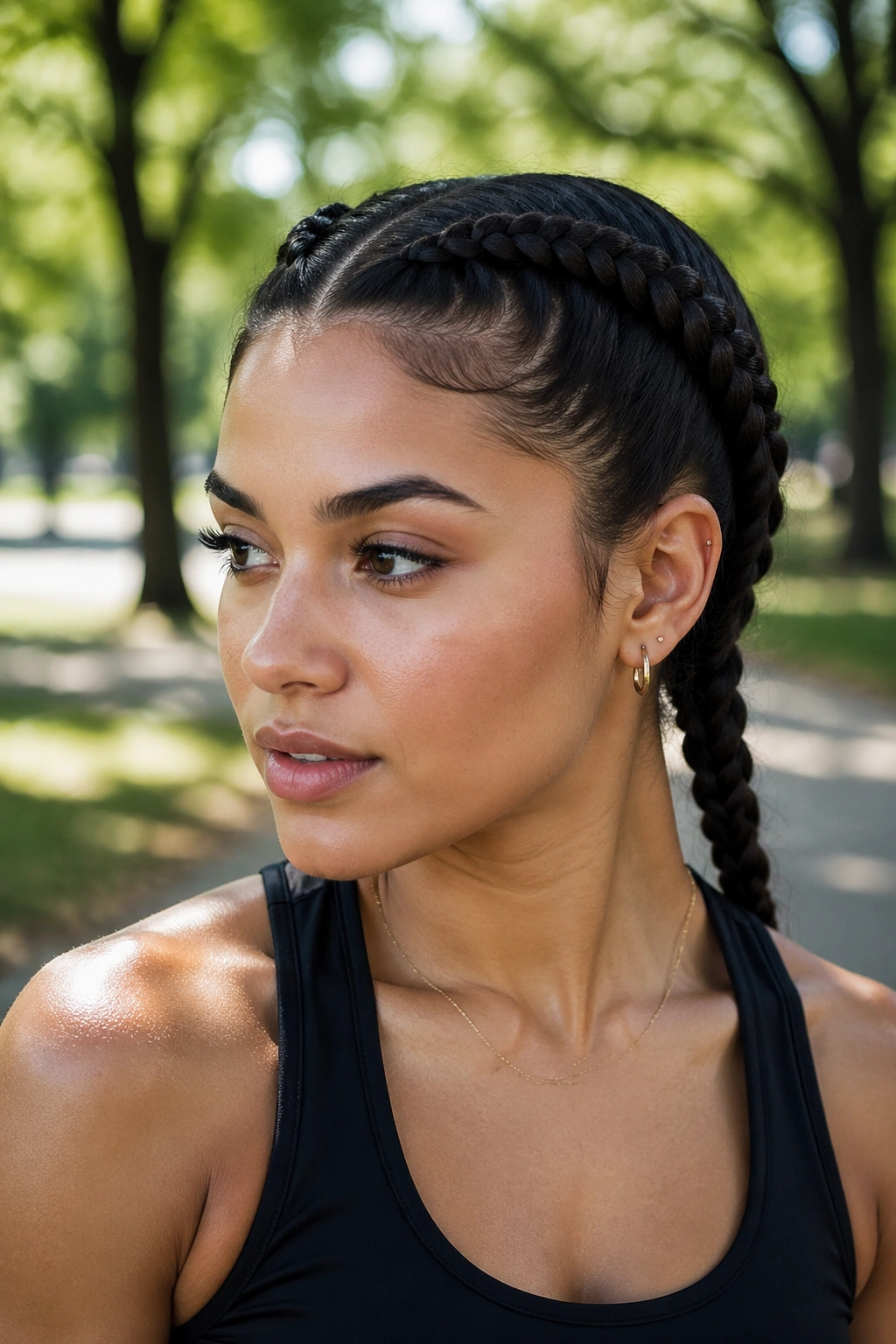 Close-up portrait of a real woman with boxer braids framing the head in an outdoor park setting