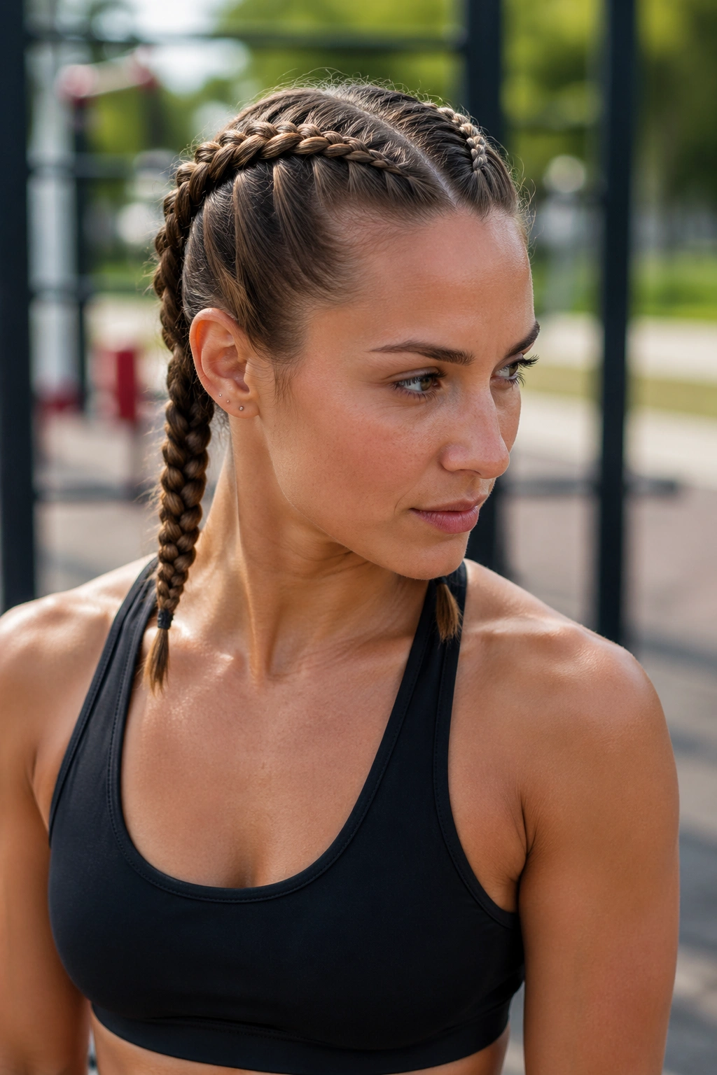 Two neat boxer braids down the scalp on a real woman, head-and-shoulders portrait in natural light