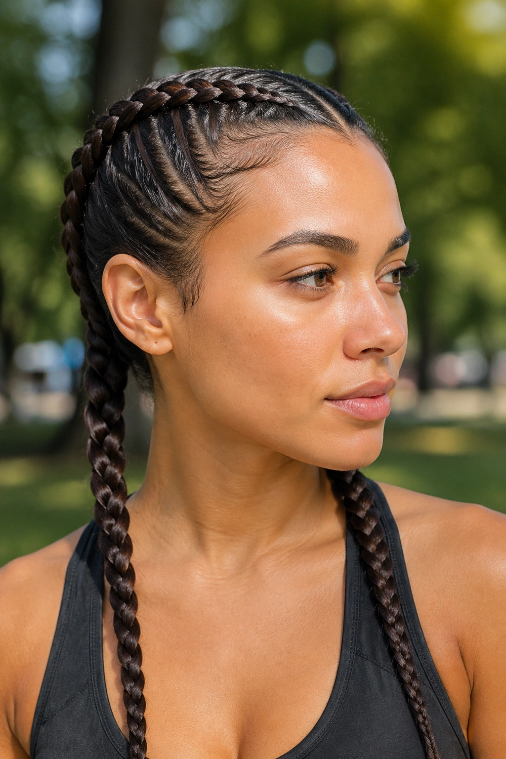 Real woman with boxer braids hugging the scalp in a park setting