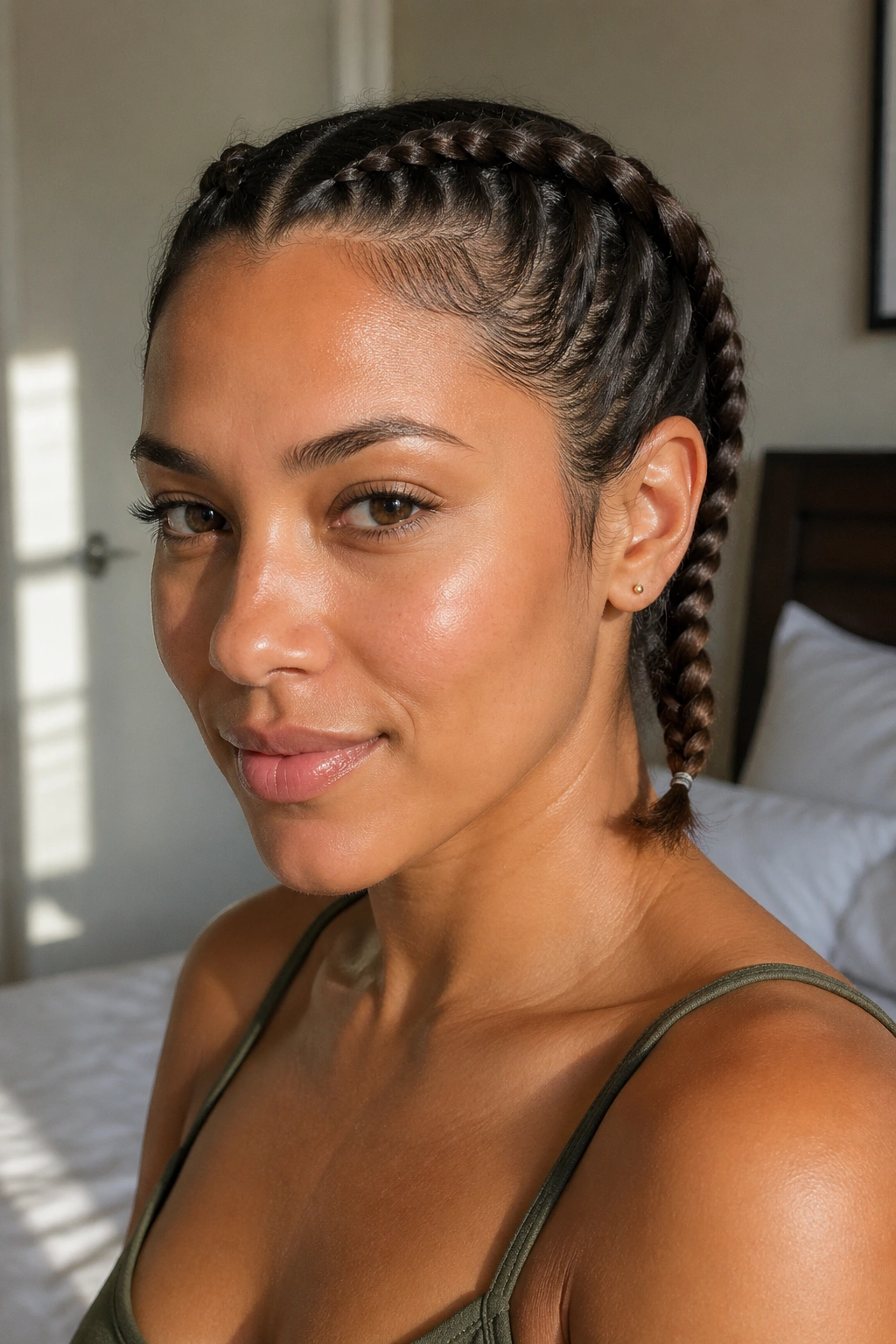 Close-up of two boxer braids starting at the hairline on a real woman in a sunlit bedroom