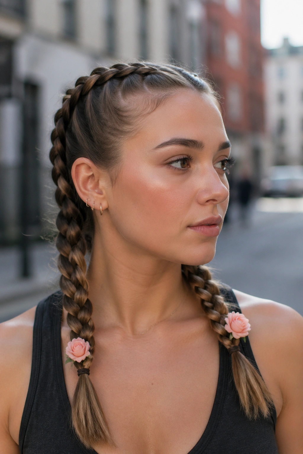 Close-up portrait of a real woman with boxer braids accented by tiny spray roses near the base of each braid.