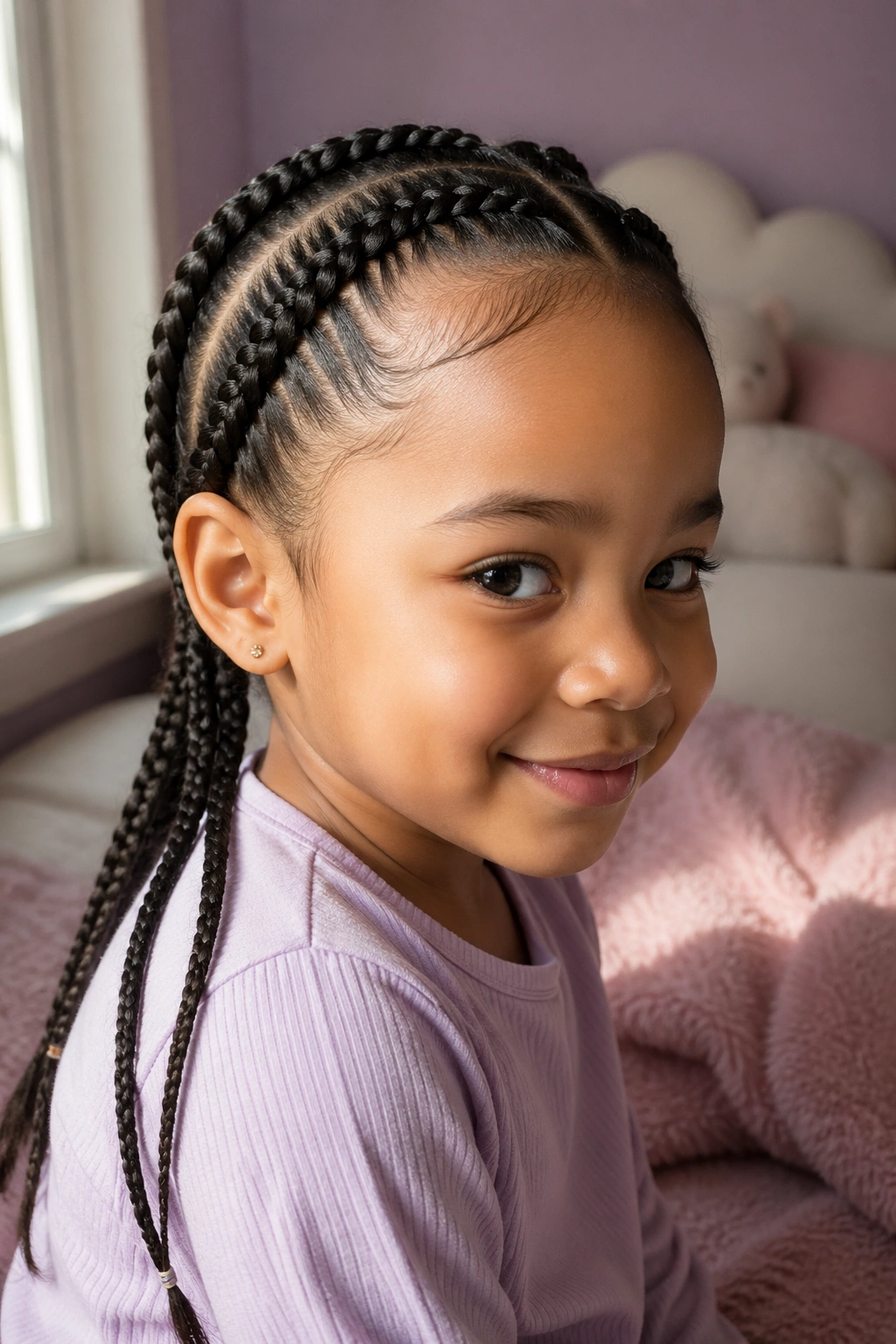 Close-up of a toddler's Boxer Braids lying flat along the scalp in a cozy bedroom.