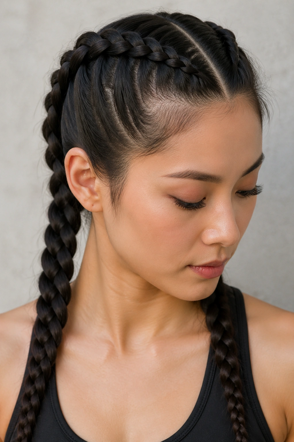 Real woman with two boxer braids on each side of her head.
