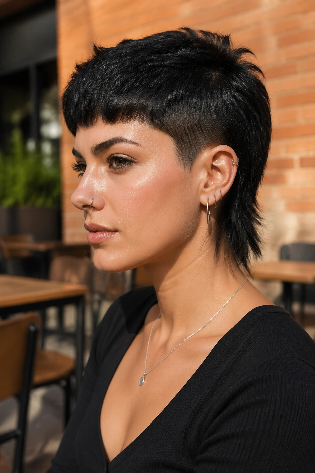 Close-up of real woman with boxy pixie mullet in an urban outdoor cafe setting