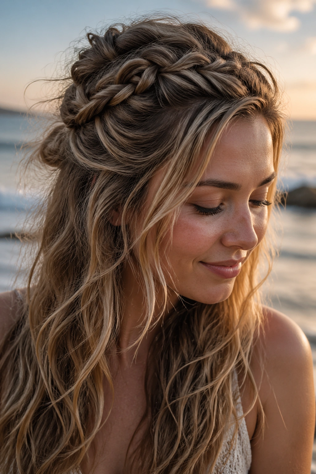 Close-up of a real woman with textured beach-wave half-up braid in natural golden-hour light