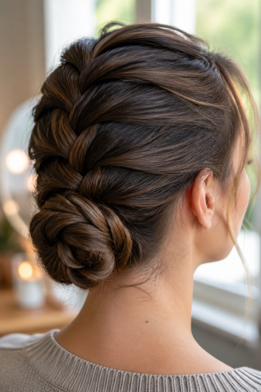 Close-up portrait of a real woman wearing a French Braid Bun with Hidden Elastic at the nape.