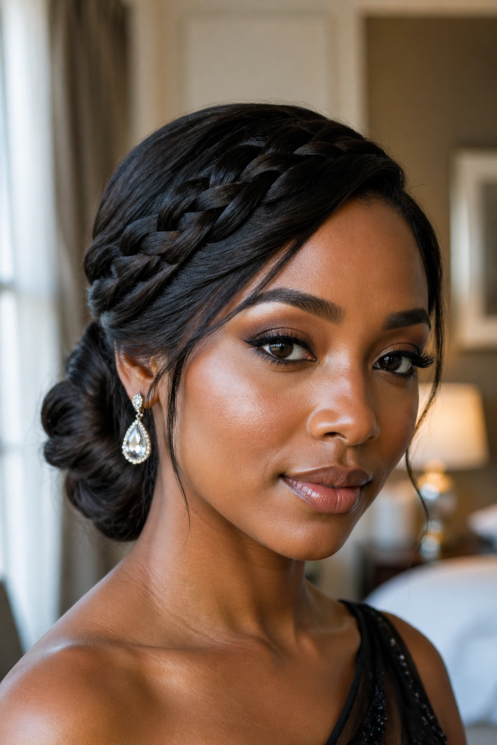 Close-up portrait of a real woman with a soft side-swept braid bun under warm window light
