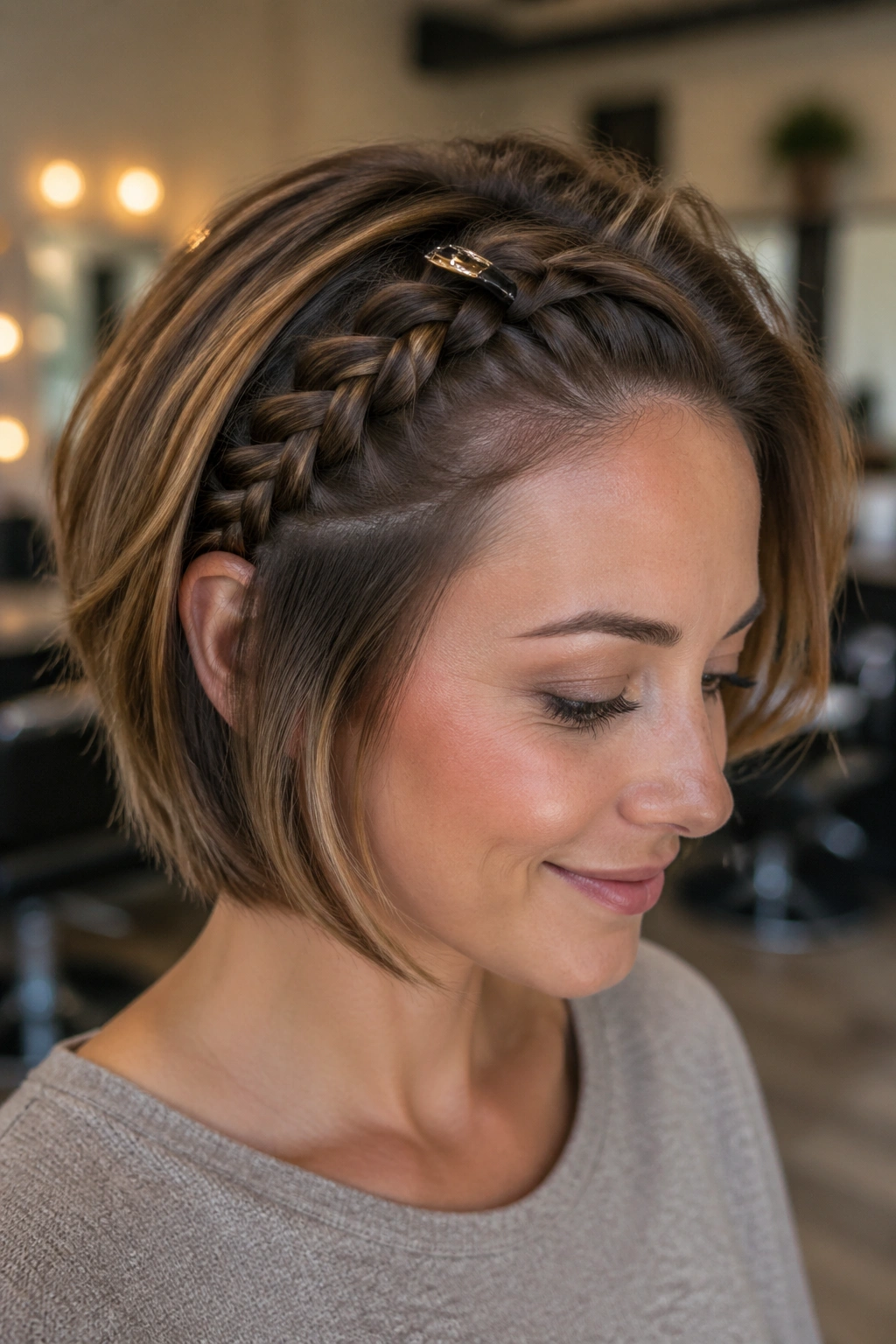 Close-up of a real woman showing a front French braid pinned under a clip on a bob
