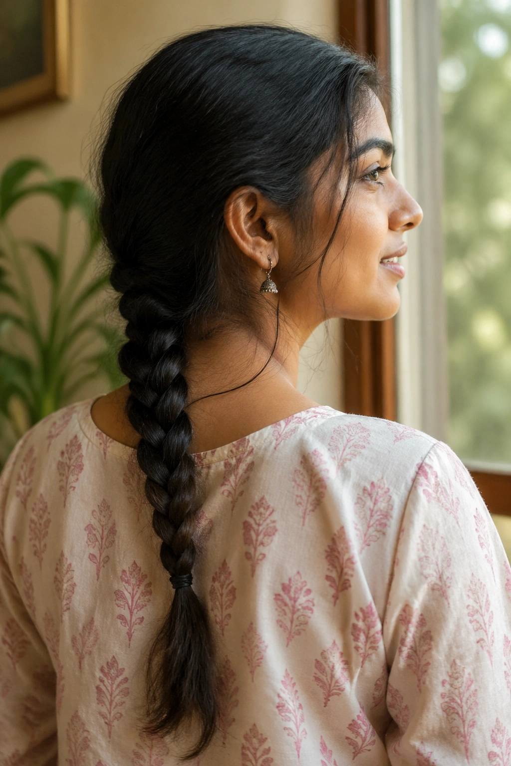 Close-up portrait of a real woman with a classic three-strand braid at the nape, wearing a cotton kurti.