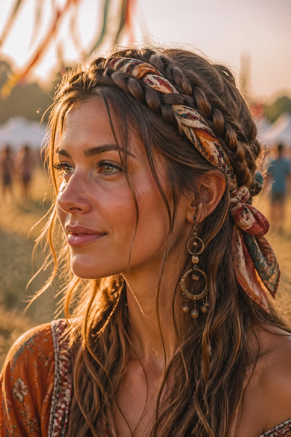 Close-up portrait of a real woman wearing a Mixed Braid Crown with Scarf Wrap in golden hour light at an outdoor festival