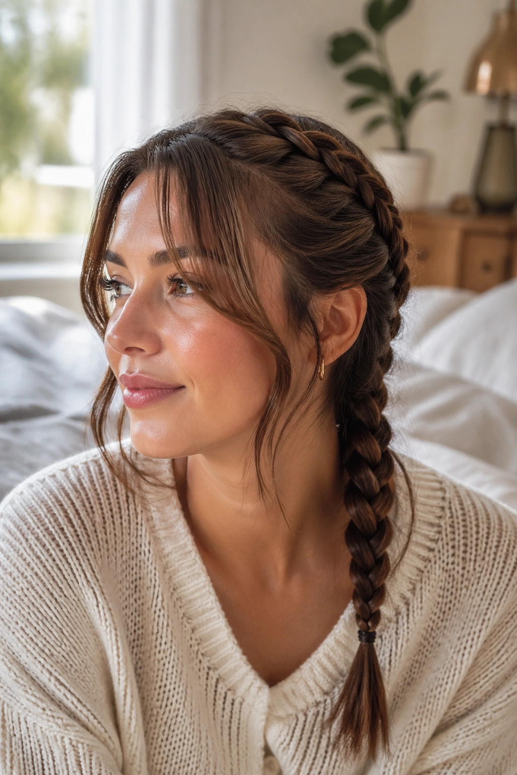 Close-up of a real woman with a classic French braid and soft curtain bangs in a sunlit bedroom