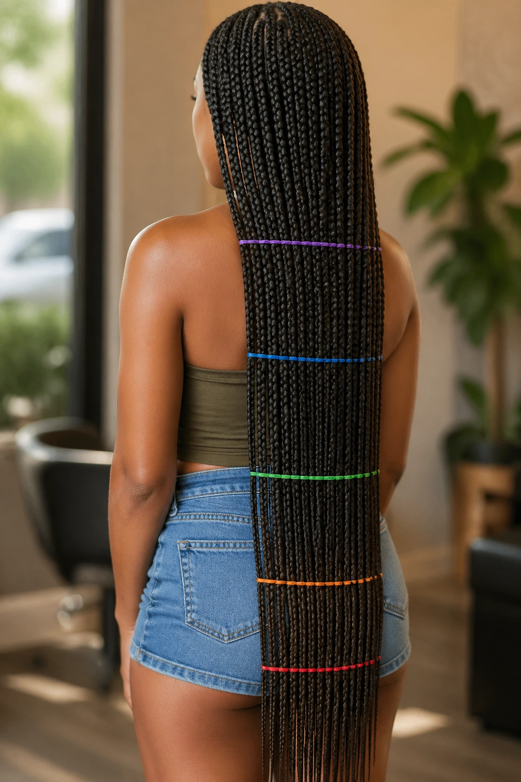 Close-up of a real woman's shoulder and upper back; hair shows landmark lengths with color bands, no text
