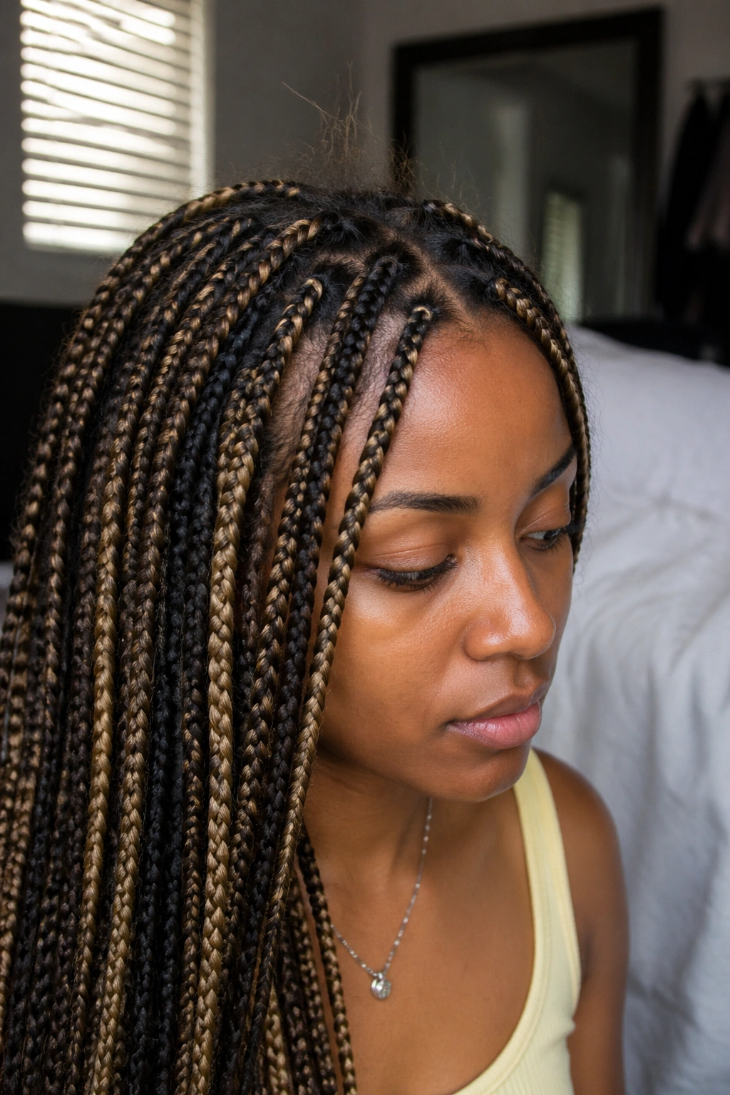 Close-up of knotless box braids showing frizz and frayed ends to illustrate common mistakes.