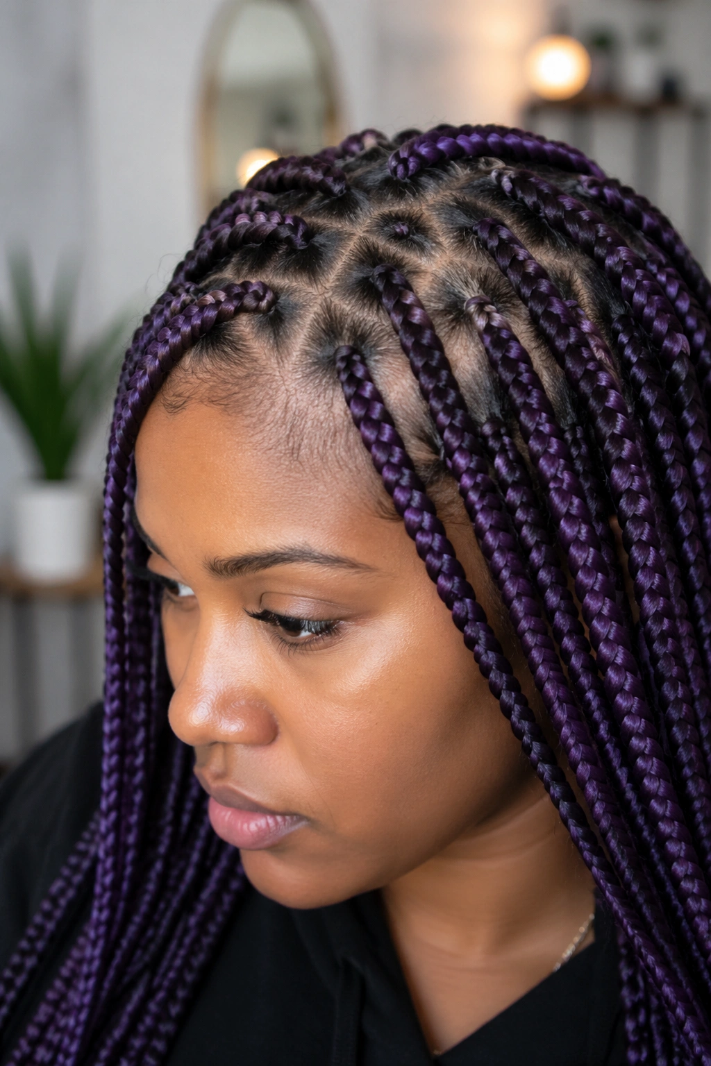 Portrait showing tight crown and uneven parts on purple braids