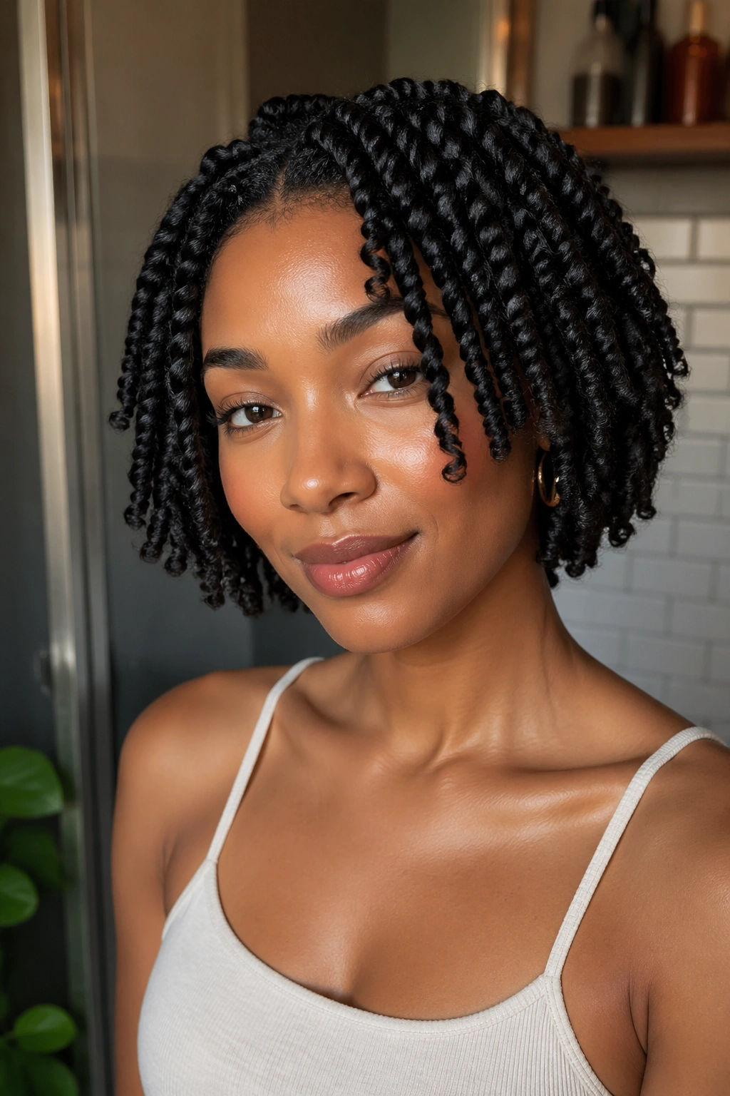 Real woman with braid-out bob for short hair, neat waves and compact silhouette.