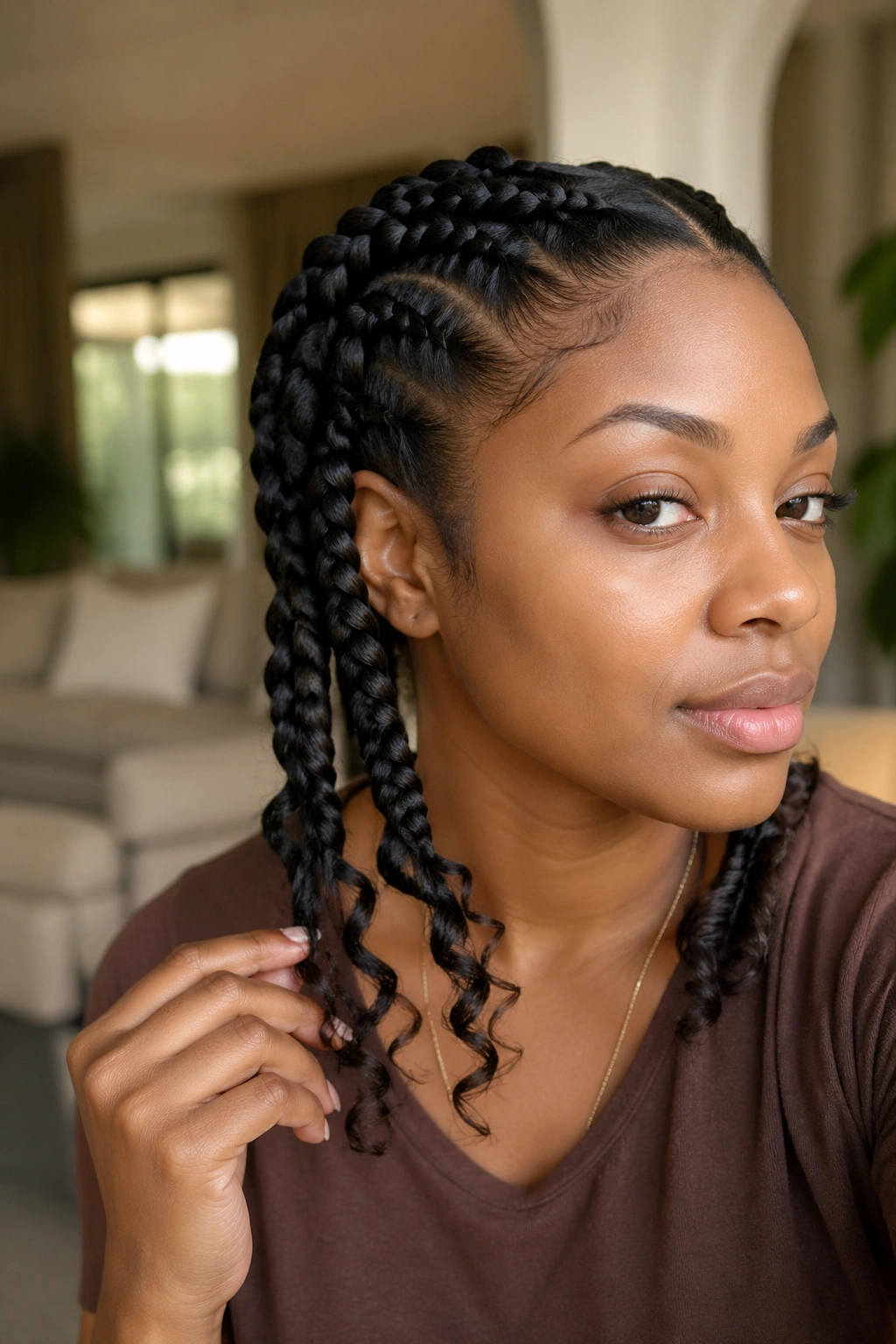 Real woman with braid-out ends left out, defined curly tips.