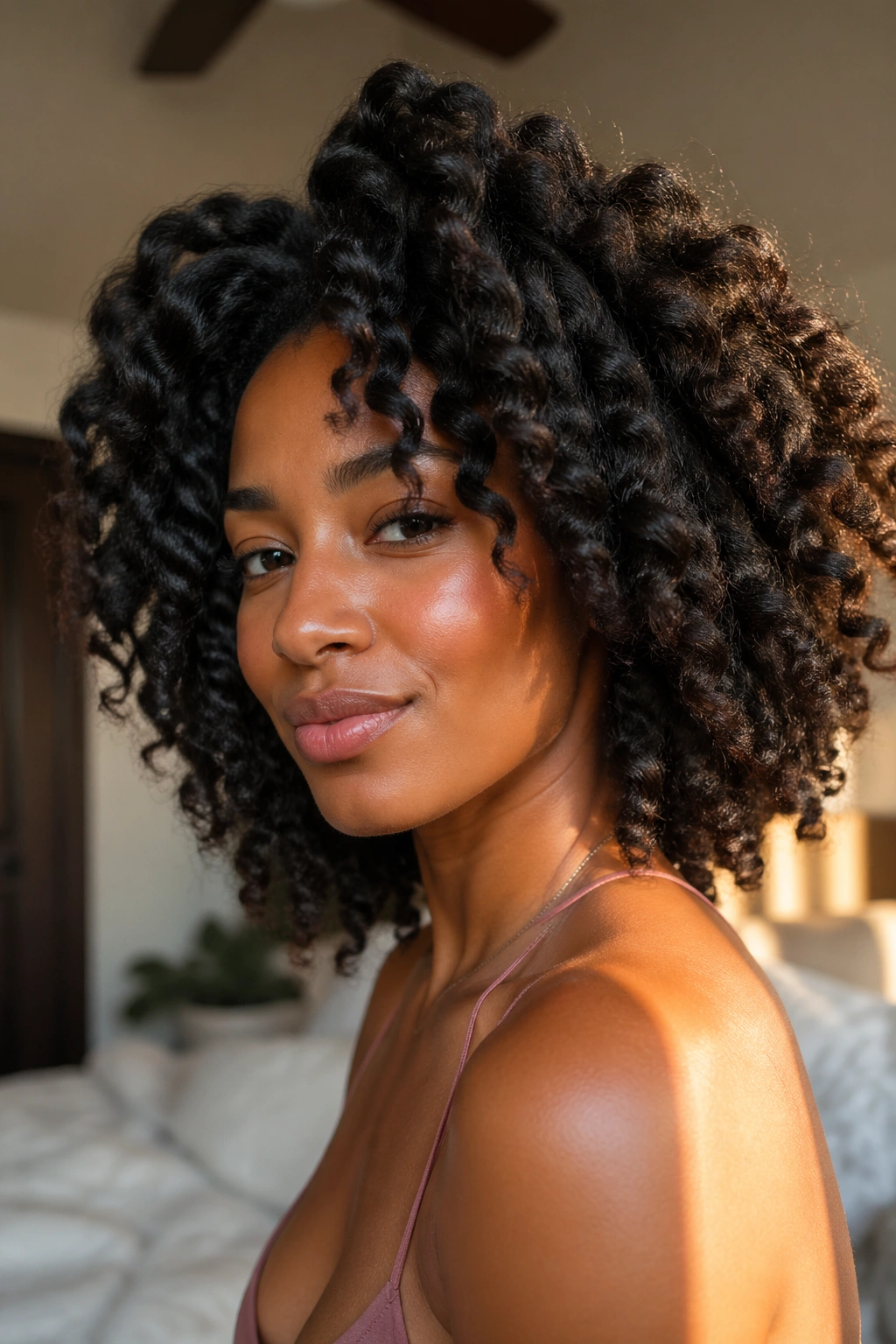 Close-up of a real woman with fluffy braid-out for soft volume in warm window light