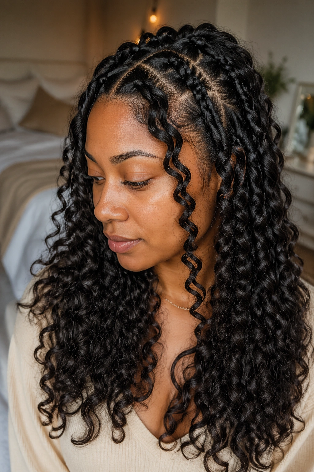 Close-up of a real woman with long layered hair styled in a French braid-out, showing soft waves.
