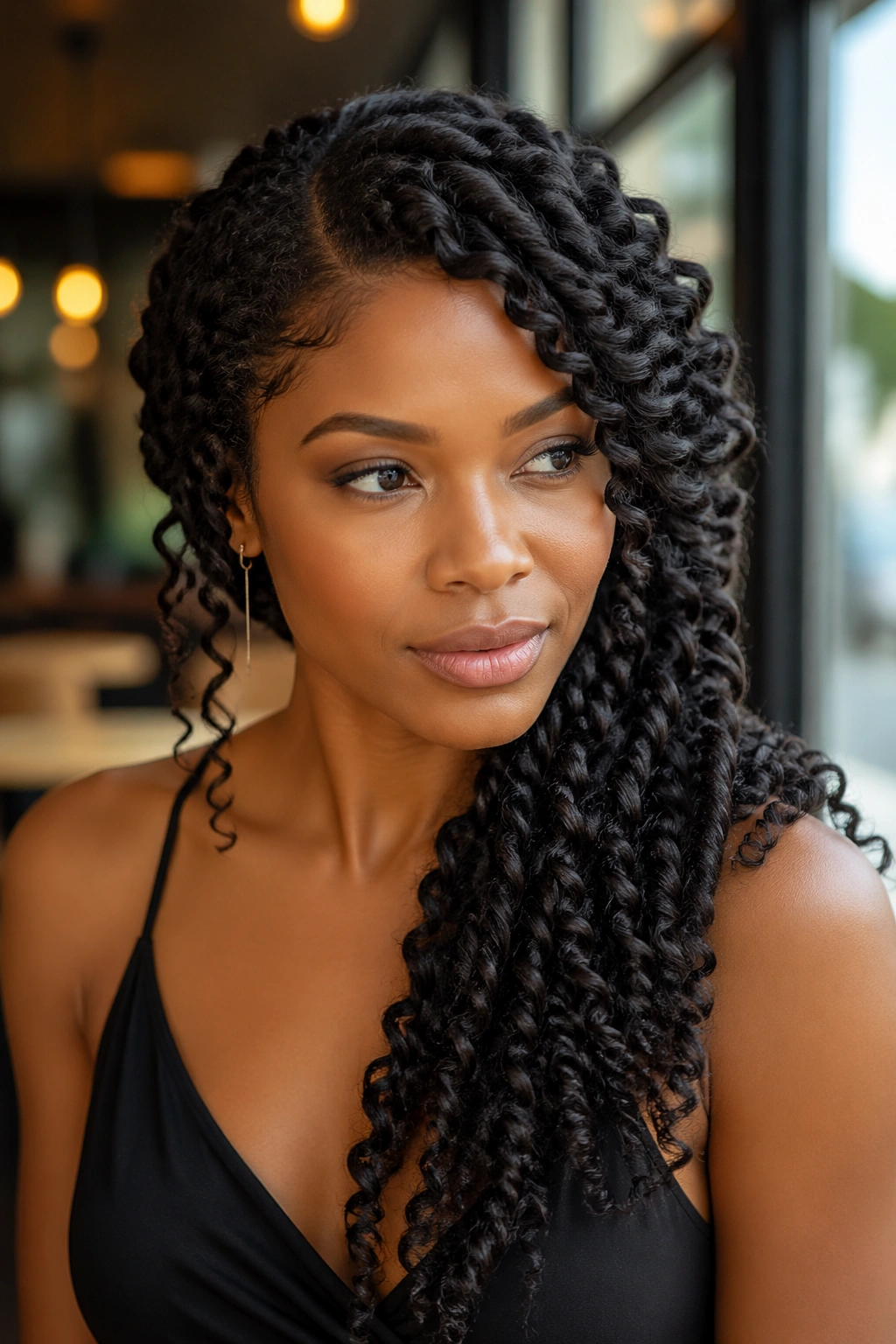 Real woman with side-swept braid-out cascading over shoulder