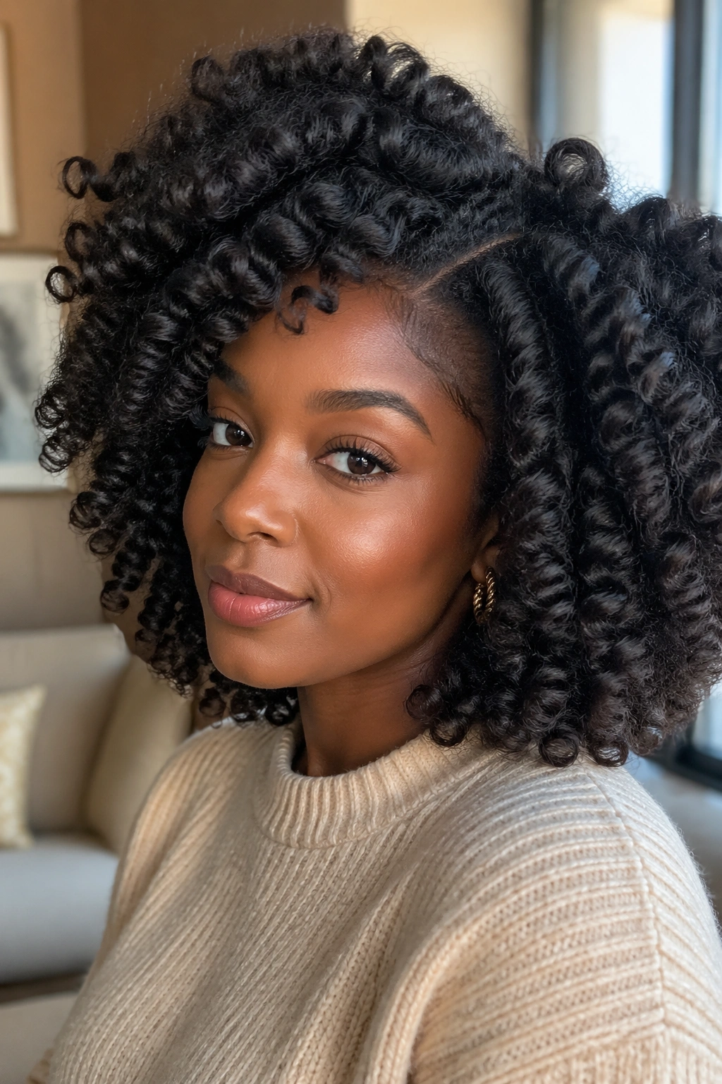 Close-up of a real woman's voluminous braid-out with cloud-like fullness