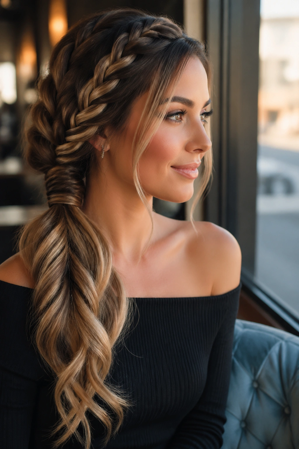 Close-up of a real woman with a chunky side braid ponytail wrapped at the base.