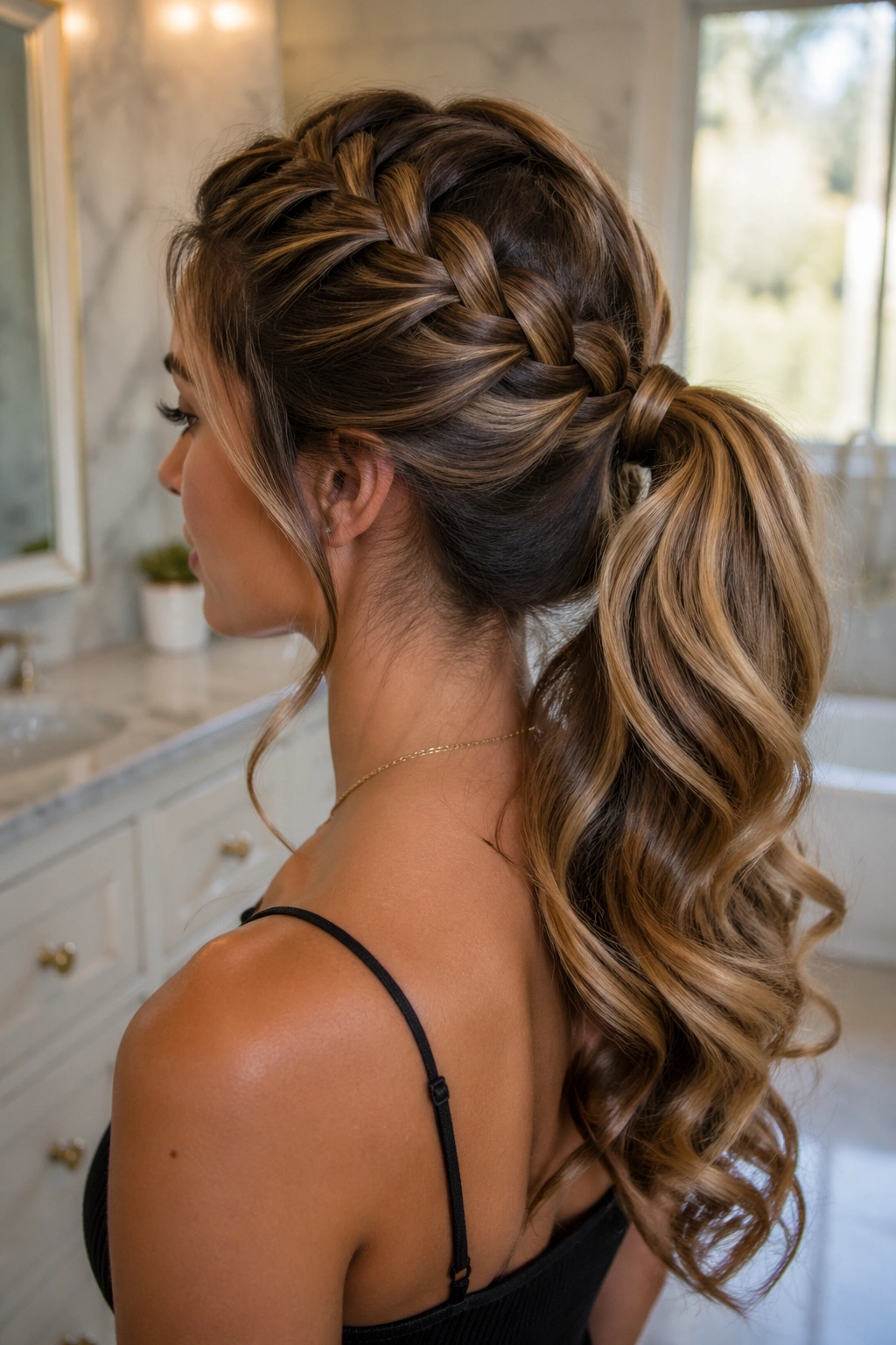 Close-up of a real woman wearing a French braid ponytail with curled ends