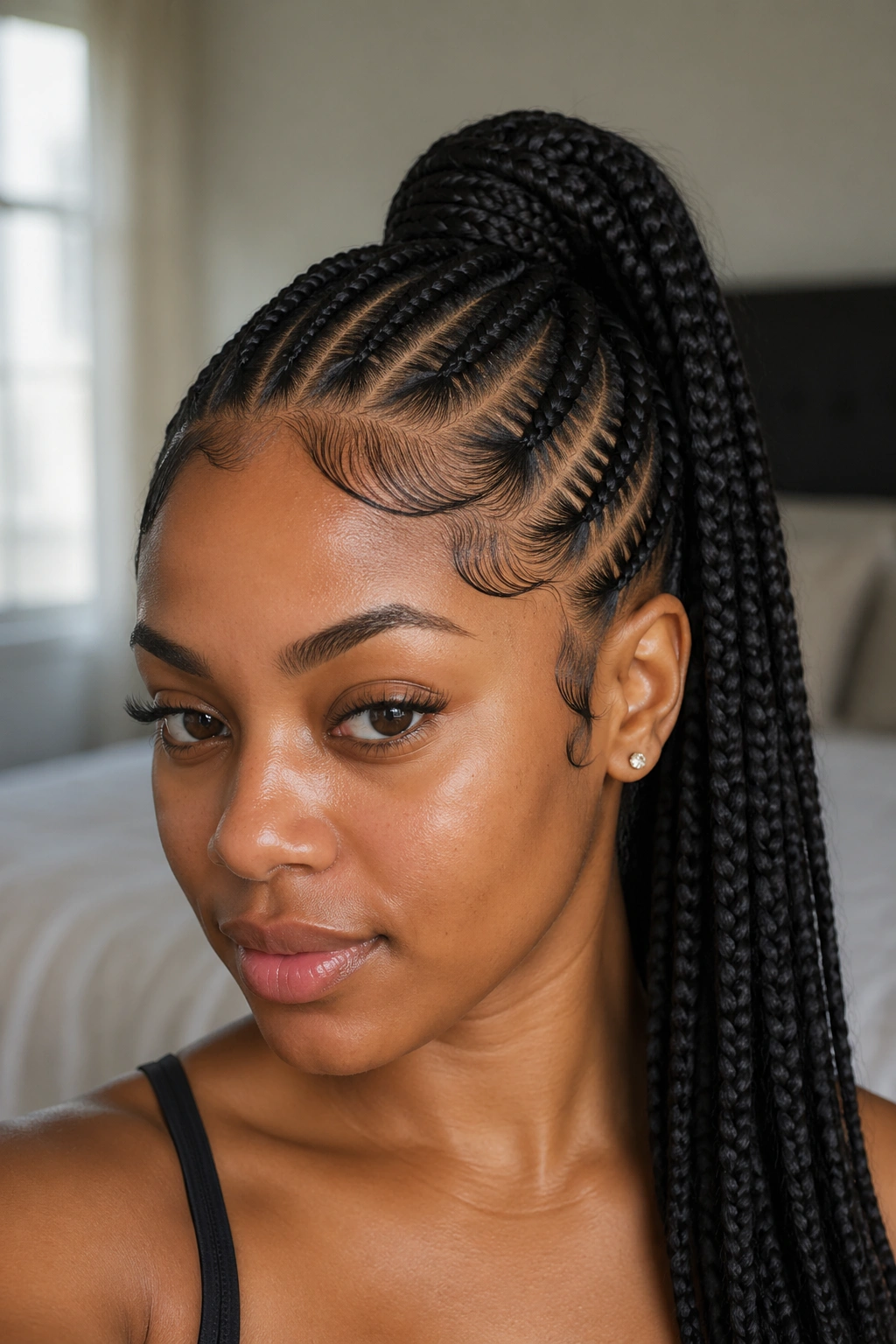 Close-up of a real woman with a high feed-in braid ponytail and laid baby hairs along the hairline