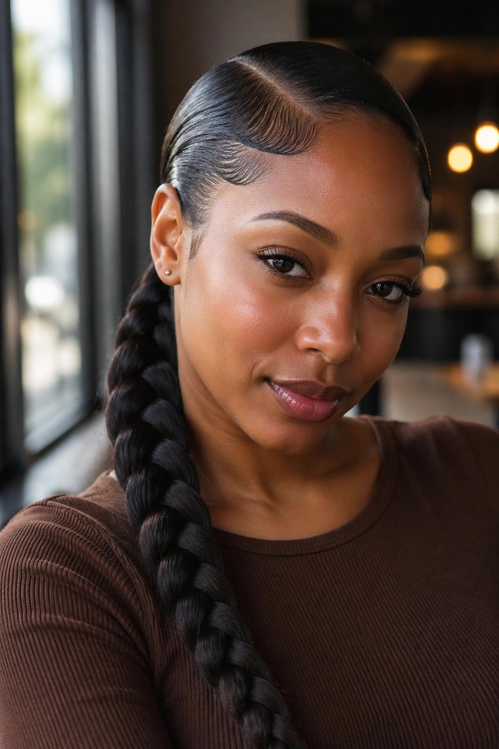 Real woman with side-swept braid ponytail and tucked edges in warm window light