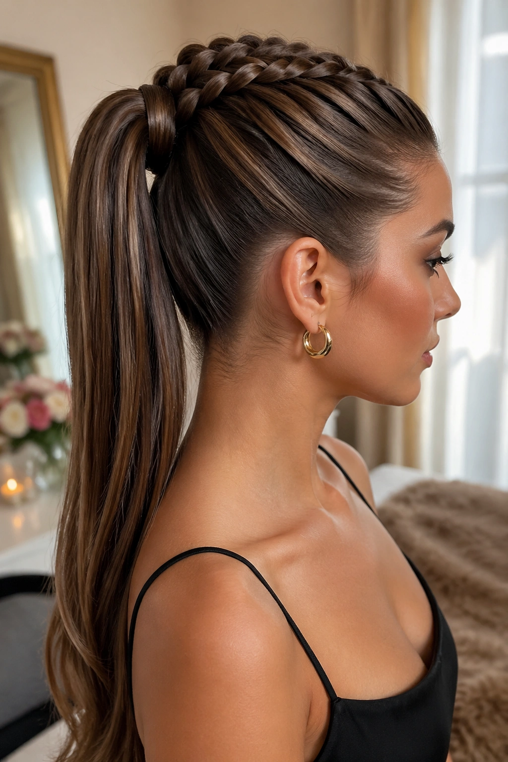 Close-up of a real woman with a sleek Dutch braid into a high ponytail and wrapped base.