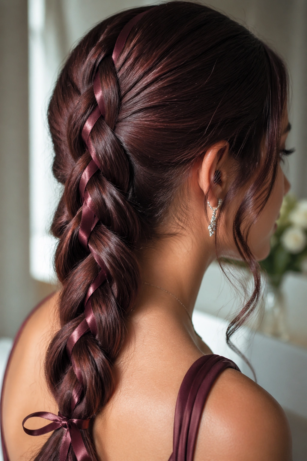 Close-up of braid with chocolate cherry color and ribbon