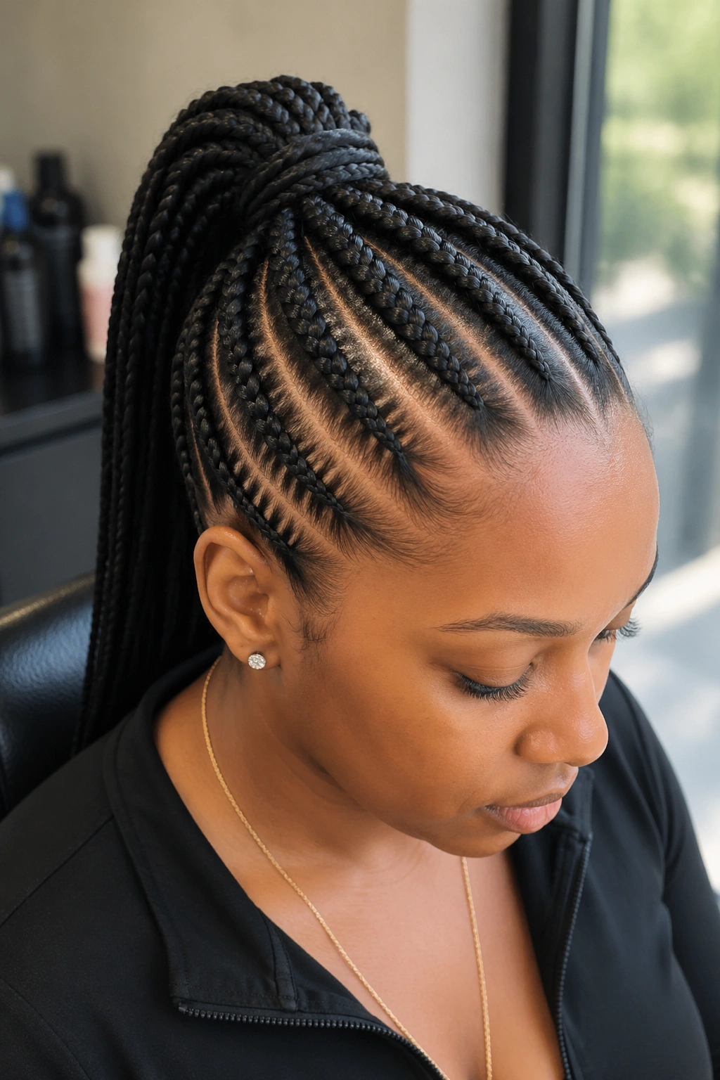 Close-up of a real woman with neat braided ponytail rows converging into a crown ponytail.