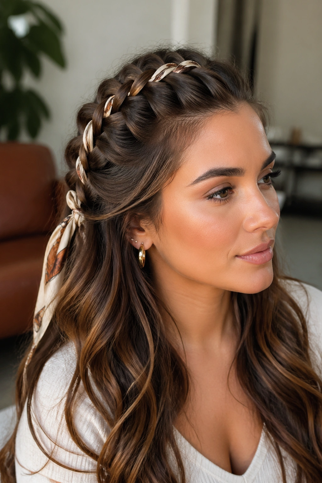 Close-up of a real person with a scarf woven into a Dutch braid
